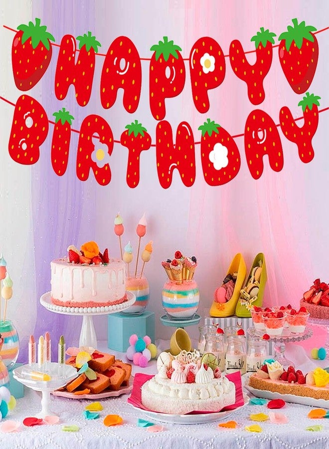 EUVBOKW Strawberry Happy Birthday Banner,Pre-Strung Strawberry Birthday Party Decoration for Baby Shower 1st Boys Girls Birthday Wedding Summer Fruit Theme Parties Decor - Image 3